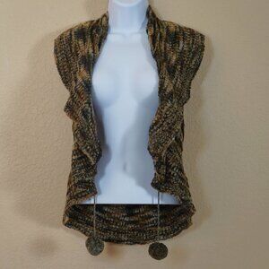 Carel Sleeveless open Front Handknit Cardigan Brown Pom Pom ball Y2K Fairy S